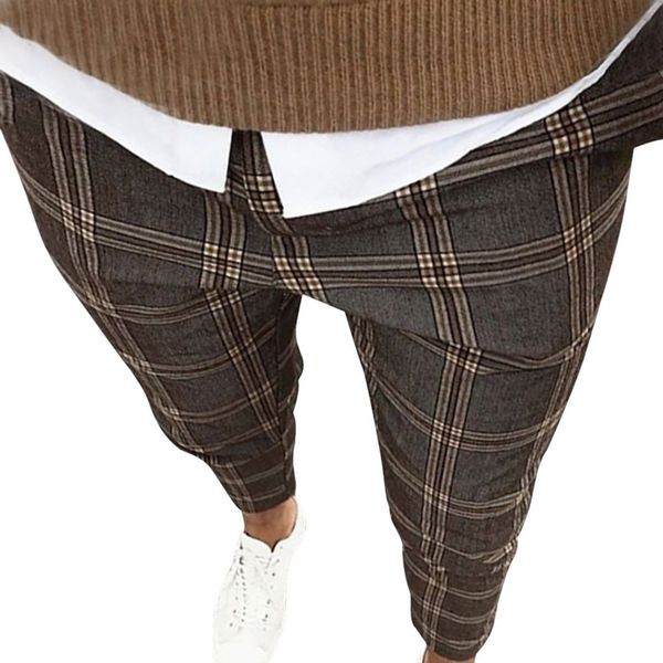 

oeak 2020 fashion new men's digital print slim fit pants irregular plaid trousers, Black
