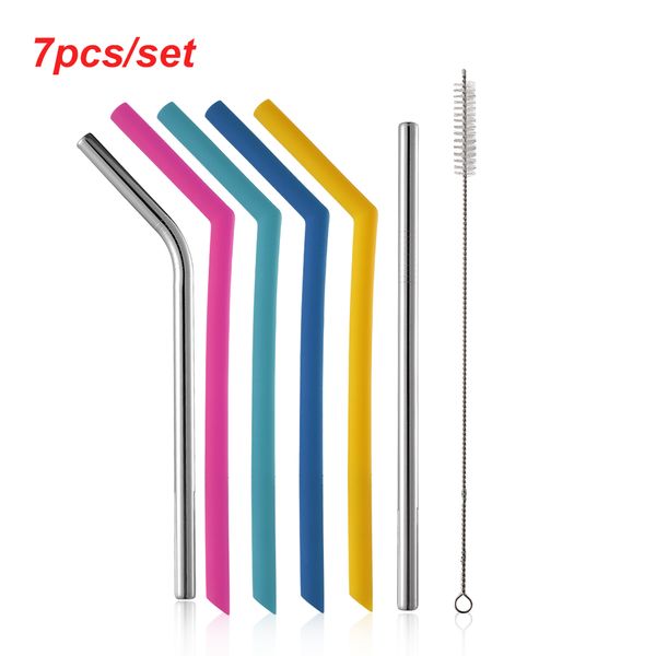 

7pcs/set eco-friendly filter reusable kitchen tool drinking straws stainless steel cleaner brush kitchen bar accessories