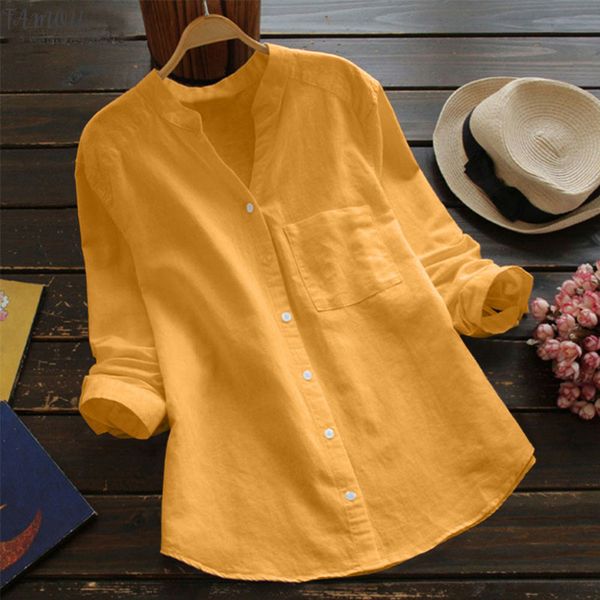 

solid v neck cotton linen blouse women casual solid long sleeve loose cotton linen shirt plus size blouse button 20, White