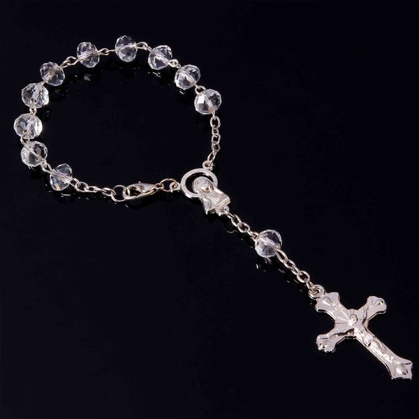 

48 pieces/batch mini catholic rosary 8mm blue crystal beads rosary bracelet children's communion gift virgin mary rose baptismal, Golden;silver
