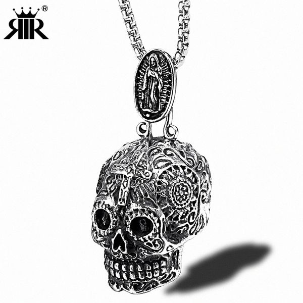

blessed virgin mary body titanium steel pendant cool carved retro skull men rap hip hop necklace stainless steel accessories, Silver