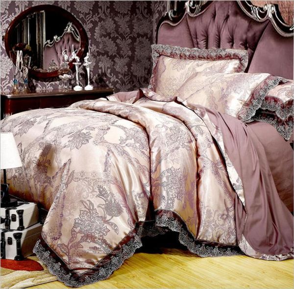 

luxury jacquard bedding set king  size 4pcs bed linen silk cotton duvet cover lace satin bed sheet set pillowcases