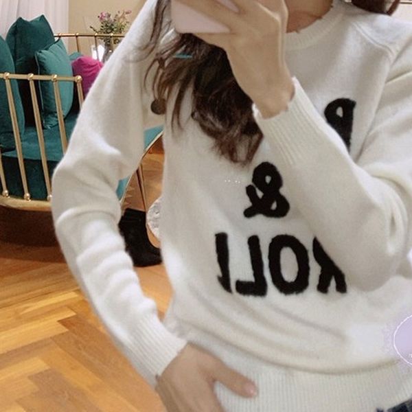 

women sweater black / white solid color letter single row shoulder button cashmere sweater, White;black