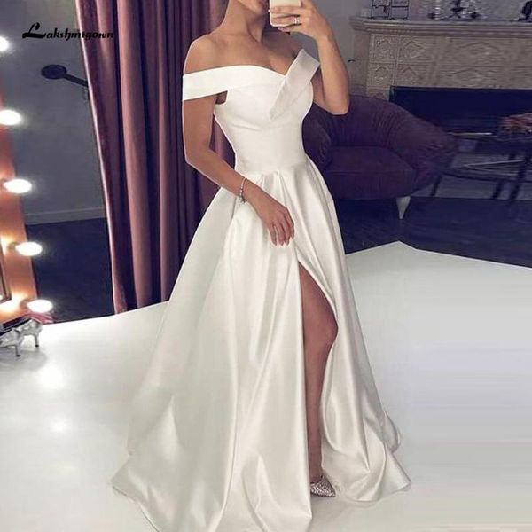 

simple ivory satin long prom dresses with high split robe longue femme off the shoulder women evening party dress 2020, White;black