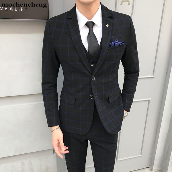 

new 2019 autumn mens suit (jacket+vest+trousers) england style plaid casual suit jacket male fashion wedding goom men, White;black