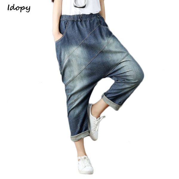 

idopy women`s vintage harem jeans washed baggy loose fit hip hop street ankle length patchwork denim pants trousers for girls, Blue