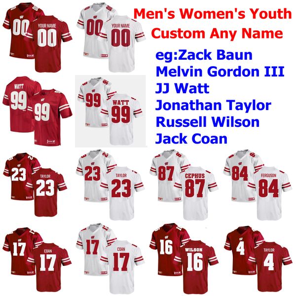 

wisconsin badgers football jerseys kids youth jj watt jersey jonathan taylor russell wilson jack coan melvin gordon iii custom stitched, Black