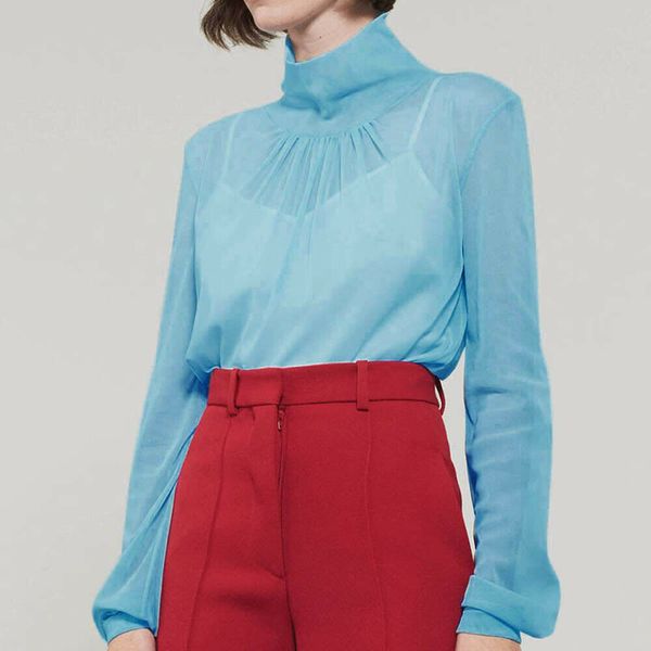 

new style women blouses long sleeve hollow mesh net summer transparent blouse clubwear solid turtleneck fashion 2019, White