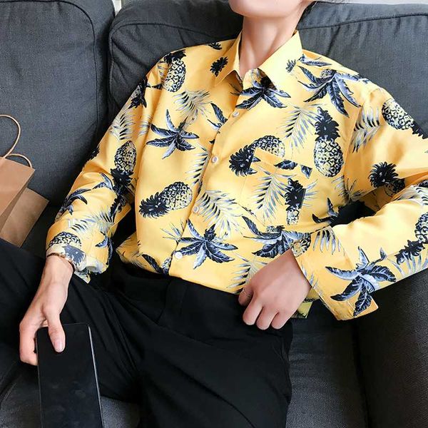 

men's casual shirts stylish men breathable print summer long sleeve loose button shirt blouse beach hawaii vacation camicia da uomo cal, White;black