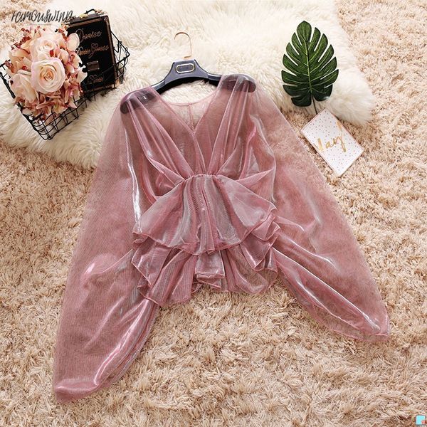 

new summer female v-neck ruffles mesh shirt womens bat sleeve waist sweet flounced sun long sleeve shirts protection women blouse, White