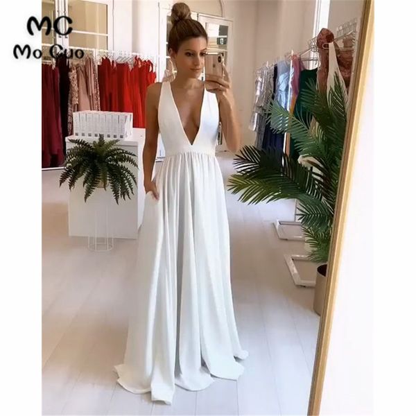 

a-line white evening dresses prom gown long with pockets backless spaghetti straps vestidos de fiesta satin women evening dress, White;black