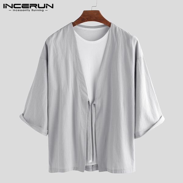 

incerun mens kimono jackets cotton 3/4 sleeve lace up cardigan solid japanese vintage coats leisure men outerwear clothes 2019, Black;brown