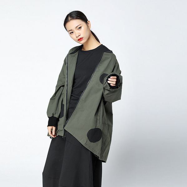 

johnature hip-hop bf style original irregular wave point jackets women o-neck zippers large size pockets 2019 new spring coats, Black;brown