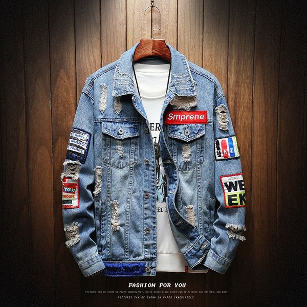 

yasuguoji new 2019 autumn punk style fashion patch denim jacket streetwear hole patchwork jean jacket men denim jackets, Black;brown