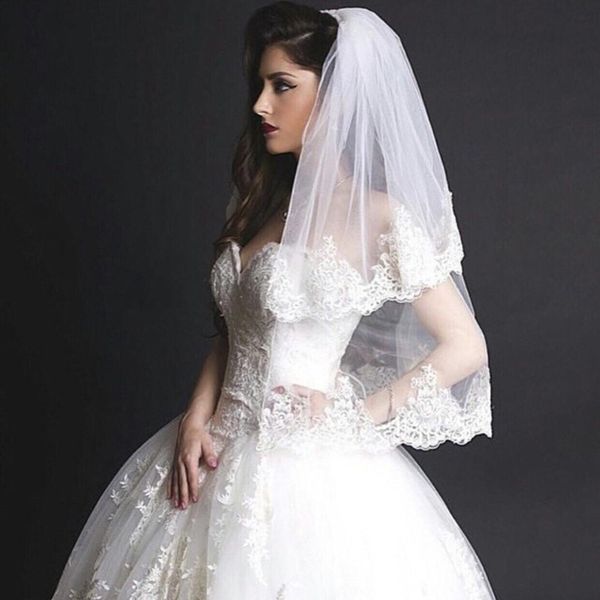 

wedding veils with bow lace applique edge two pieces tulle short bride hair accessories, Black