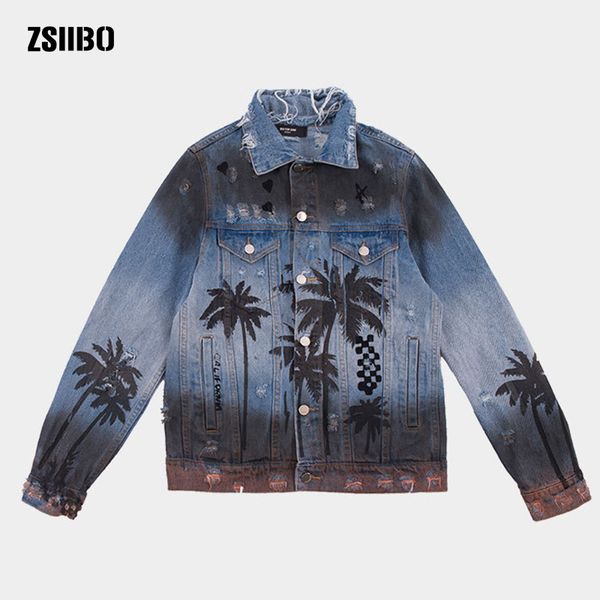 

zsiibo coconut tree spray paint couple with denim jacket casual fit slim long sleeve shirts autumn cotton mens clothing wgjk13, Black;brown
