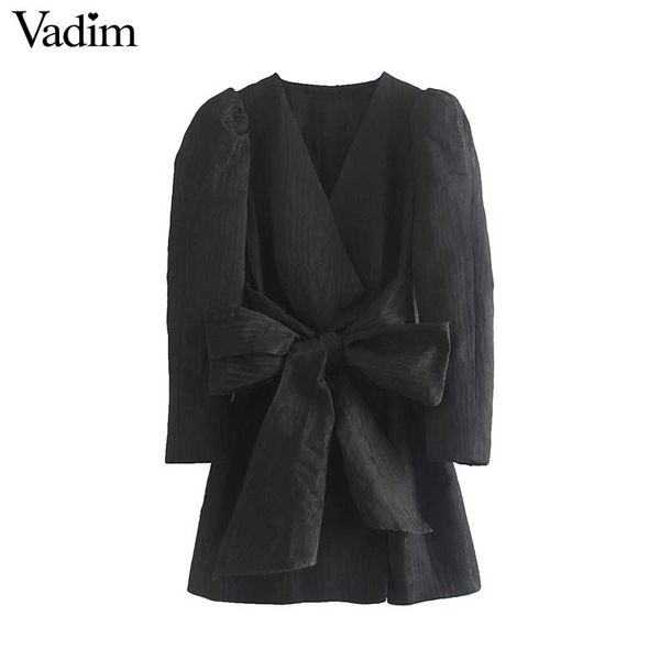 

vadim women stylish bow tie decorate mini dress cross v neck pockets puff sleeve female casual black dress solid vestidos qc745, Black;gray