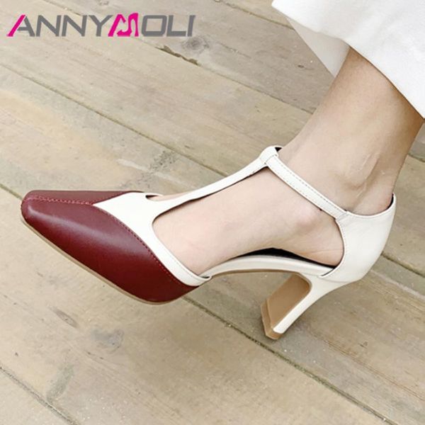 

annymoli woman shoes natural genuine lather high heels t-strap thick heel pumps square toe buckle ladies footwear blue red 34-41, Black