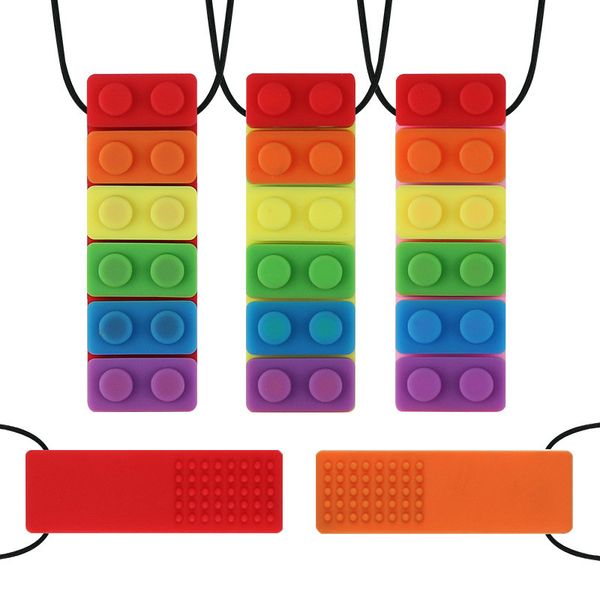 

2020 baby teether rainbow brick chew necklace baby silicone teether autism sensory chew therapy tools kids chewy toys
