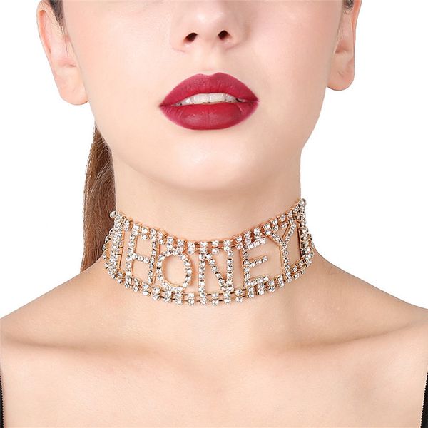 

punk shiny rhinestone letter honey cup chain choker necklace women's jewelry rhinestone choker necklace gift for women fashion, Golden;silver