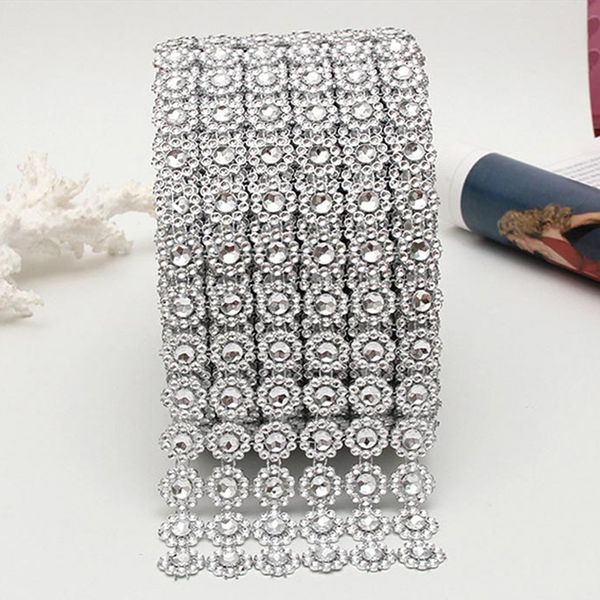 Güneş Çiçek Elmas Mesh Şerit 10 yard 6 Satırlar Plastik Elmas Örgü Wrap Rulo Gümüş Altın Parti Sparkle Rhinestone Kristal Şerit DBC VT0774