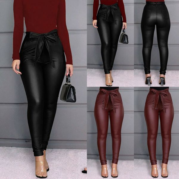 

us 2020 women's snake style leggings pu leather pants casual outwork lady stretchy skinny pencil trousers high waist s-xl, Black;blue