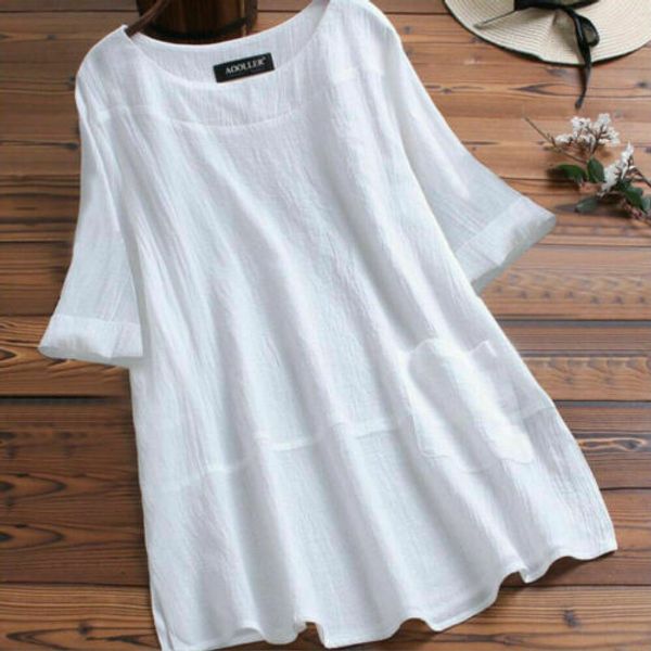 

2019 new arrival womens summer casual o-neck blouses female ladies loose baggy long tunic solid color shirts plus size, White