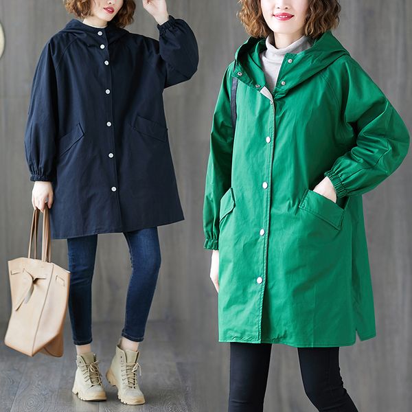 

Plus size Women Trench Coat New Spring Autumn Clothes Loose Hooded Overcoat Windbreaker Single-breasted Mid Long Coat Female, Tan;black
