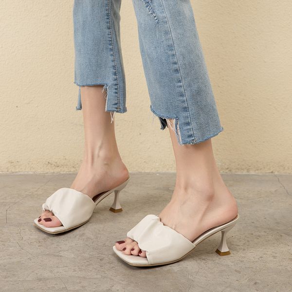 

новый дизайн квадратный носок тонкий высокий каблук тапочки женские сандалии мода скольжения на слайдах летняя обувь мул плиссированные масс, Black