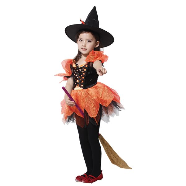 

kids child lovely orange ballerina witch sorceress costume for girls halloween purim carnival party masquerade mardi gras dress, Black;red