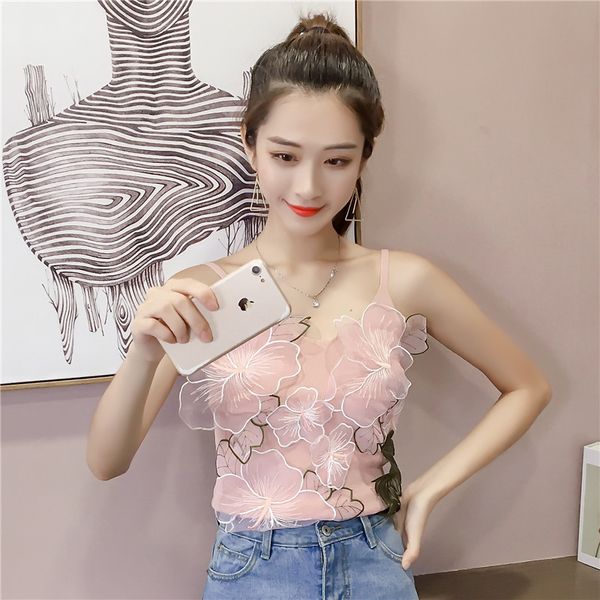 

summer flower embroidery knitted shirt stitching camis casual women tank, White