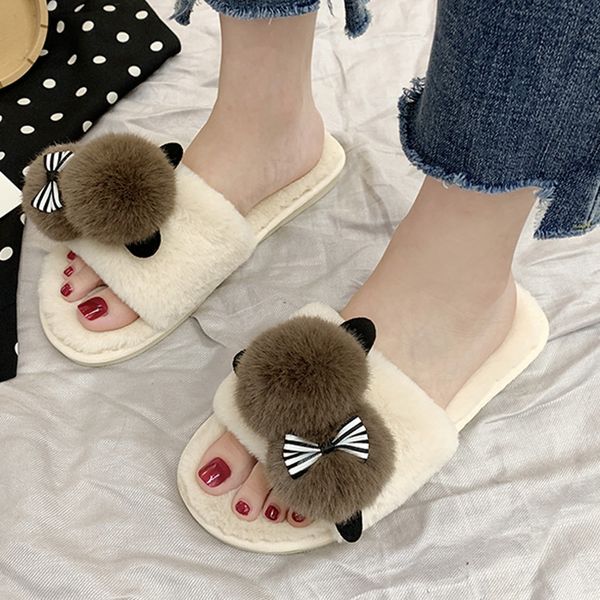 

fluffy slippers women home indoor slides winter women house slippers cartoon non-slip flat open toe shoes casual house, Black