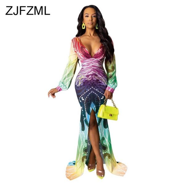 

gradient geometric mermaid long dress women deep v neck long sleeve party dress elegant front high split bandage robe femme, Black;pink