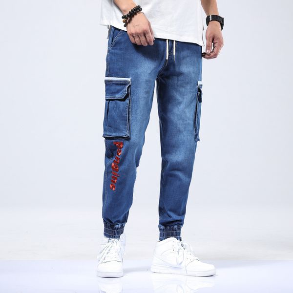 

#2114 autumn harem jeans black blue casual streetwear man jeans denim big size 7xl loose elastic waist mens denim cargo