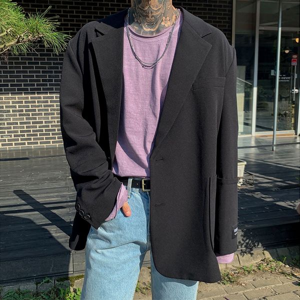 

men blazers loose casual suit jacket male women vintage streetwear hip hop couple suit coat outerwear autumn spring, White;black