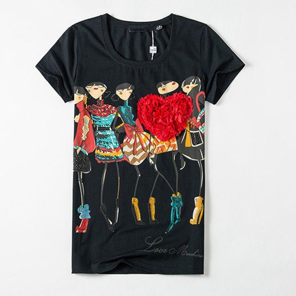 

Women Tops Appliques Red Heart T Shirt Women Female Short Sleeve Print Poleras De Mujer Camisas Femininas Rhinestone Tops Wholesale