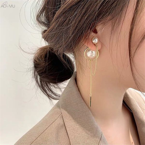

aomu simple personality multi-size pearl metal chain tassel sweet temperament drop earrings for women gifts bohemia jewelry, Silver