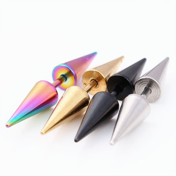 

4 colors 1pcs kpop fashion stainless steel rivet taper spike stud earrings for women men cone punk rock gothic jewelry, Golden;silver