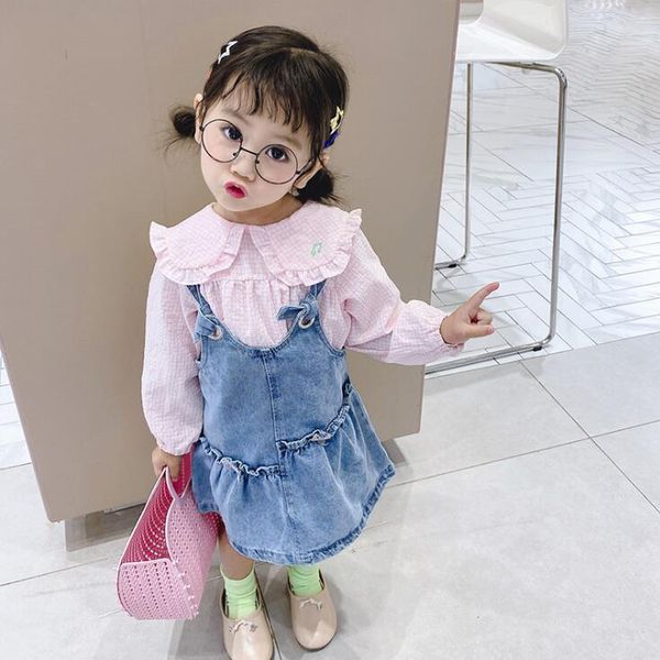 

2020 selling baby girls 2 pcs set denim vest dress+ plaid blouse fashion spring kids girls suit 2-7 years, White
