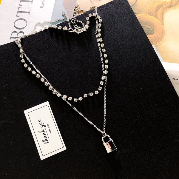 

korean new design daily wild silver small lock shape double necklace flash drill neck chain choker clavicle chain