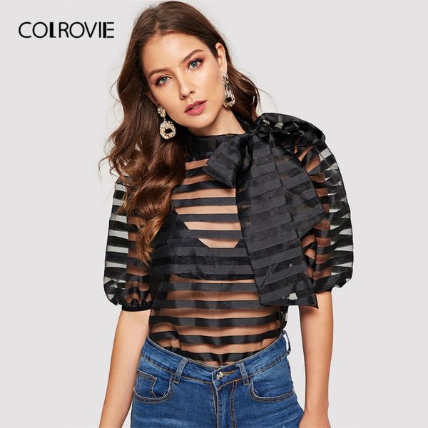 

colrovie black solid tie neck striped sheer without bra women 2019 spring fashion half puff sleeve ladies elegant blouse, White