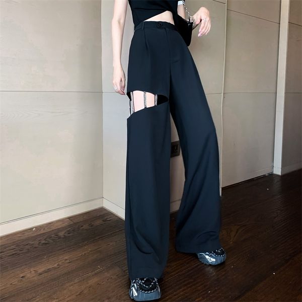 

women dresses design wide leg pants women 2020 summer new high waist drape slimming hollow chain straight casual pants tide, Black;white