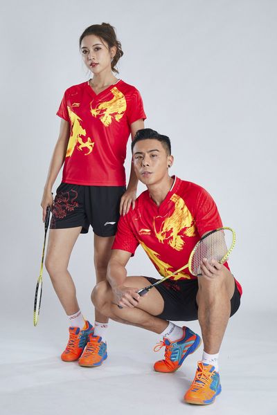 

li ning quick-drying breathable badminton wear suits short sleeve lapel neck t-shirt shorts running table tennis wear 6038 + 7015 red, White;yellow