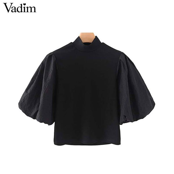 

vadim women elegant black knitted crop puff sleeve stretchy short blouse female fashion casual shirts blusas da631, White