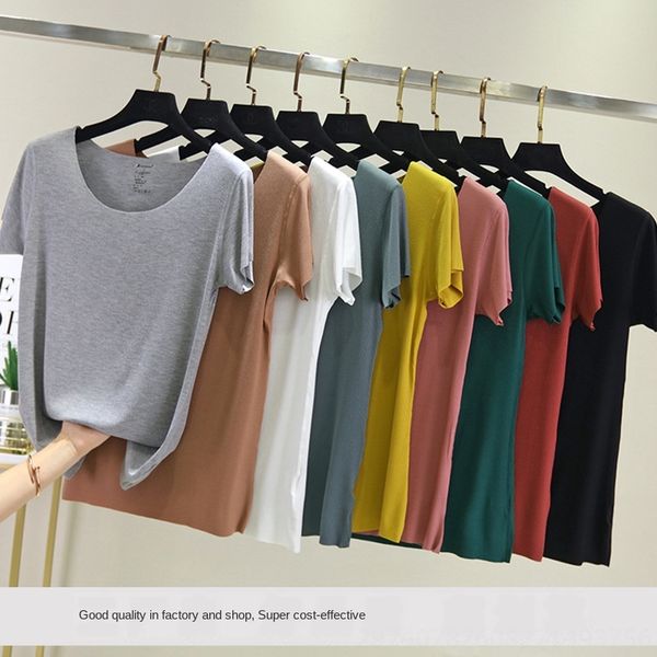 

2019 бесследная футболка с короткими рукавами летняя тонкая большая футболка размер верхней одежды круглый воротник тонкий модальный ребрист, White