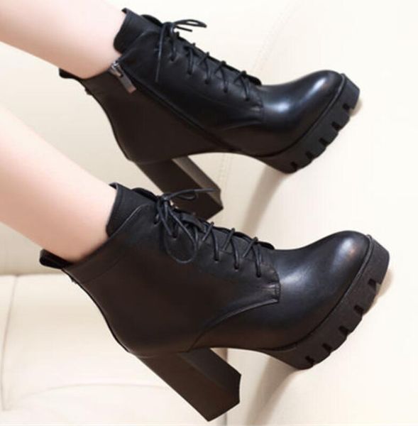 

shoes women pu leather lace up black ankle boots autumn winter gothic chunky high heels platform ladies punk boots