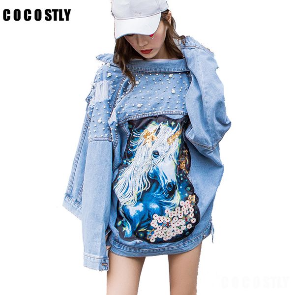 

denim jacket women rhinestone pearl beaded denim ladies elegant vintage loose hole jacket coat casacos feminino, Black;brown