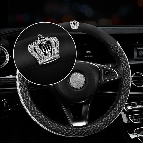 

38cm crystal crown swan studded rhinestone pu leather car steering wheel cover diamond steering cover interior car accessories