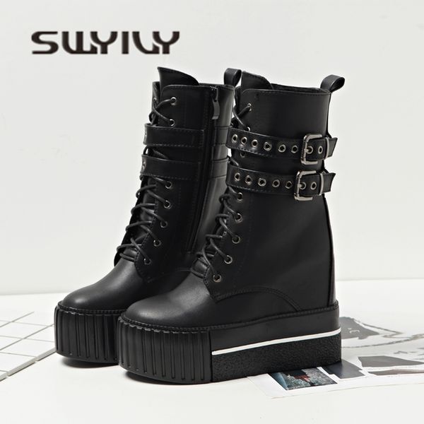 

swyivy boots shoes woman platform black ankle boots rivet belt 2018 auutmn winter velvet warm snow 12 cm winter boot
