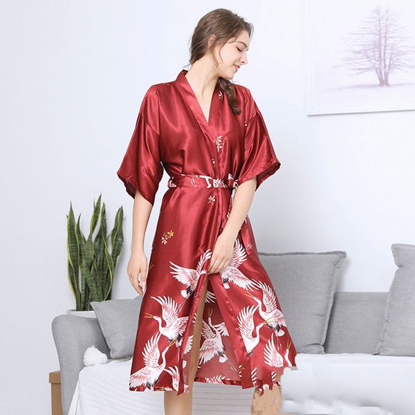 

wedding woman robes silk stain long kimono sleep wear summer new bathrobes for bride female lingerie sleepwears printed 3xl, Black;red